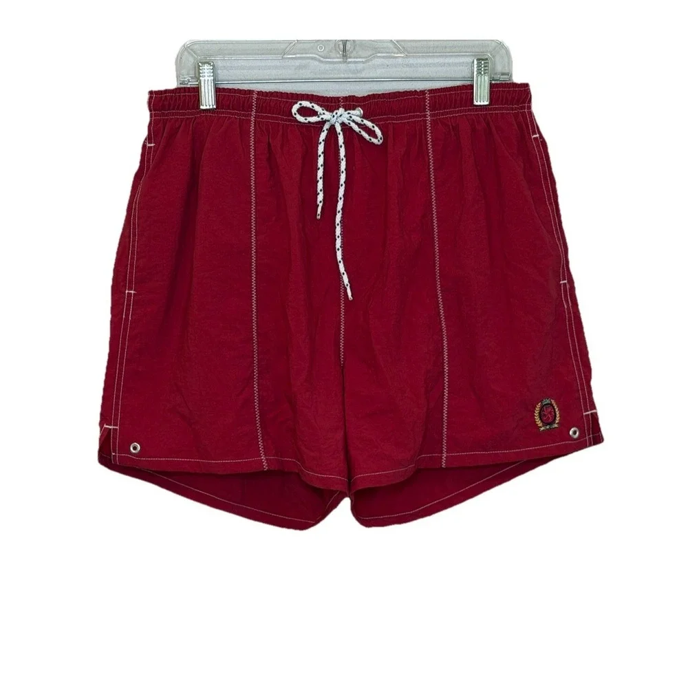 Tommy‎ Hilifger Swim Trunks Mens Large Red Elastic Waist Pockets Built In Briefs